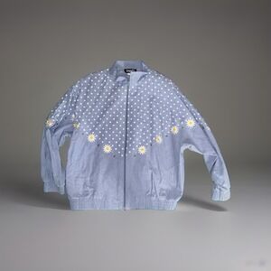 Vintage Gepetto Blue Chambray Polka Dot Daisy Studded Bomber Jacket Sz XL USA